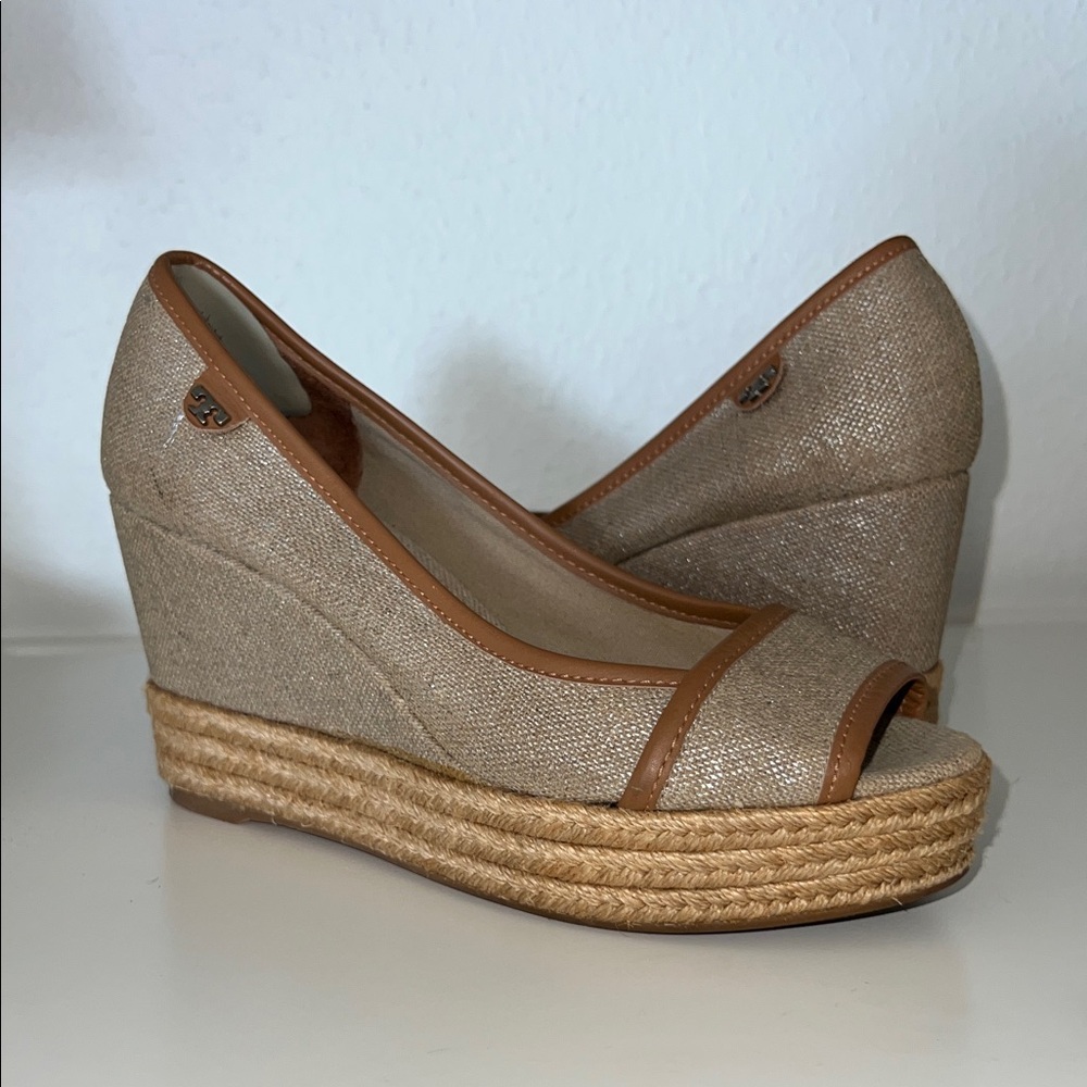 Tory Burch Beige and Tan Wedge Sandals